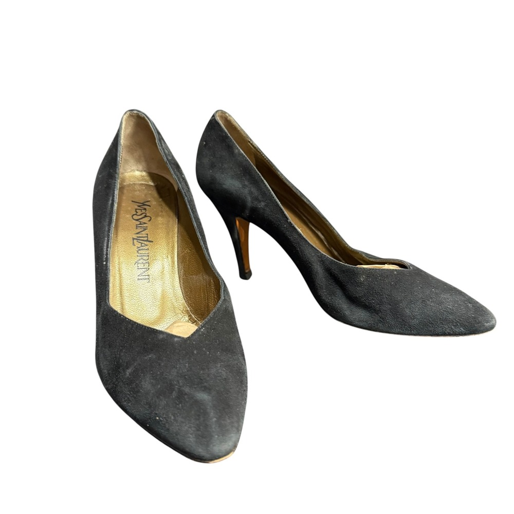 Vintage Yves Saint Laurent Black Suede Pointed Toe Pumps Gold Insole Italy 5.5M